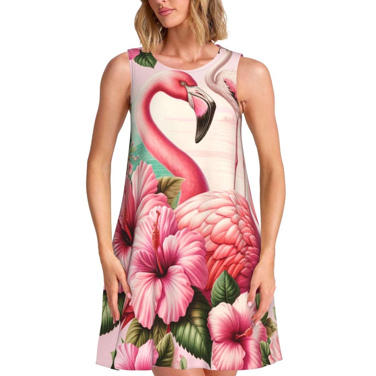 sans manches Flamingos-Hibiscus pour femme, avec 2 poches latérales, coupe trapèze.